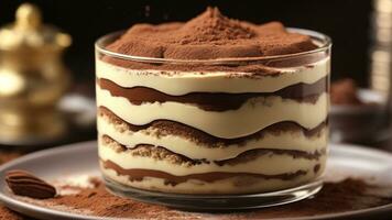 A close-up shot of a freshly prepared tiramisu, focusing on the layers of coffee-soaked ladyfingers AI Generative photo