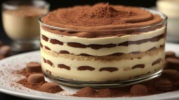 A close-up shot of a freshly prepared tiramisu, focusing on the layers of coffee-soaked ladyfingers AI Generative photo