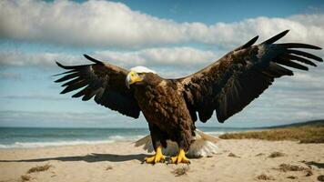 A beautiful summer day with blue sky and a lone Steller's sea eagle over the beach AI Generative photo