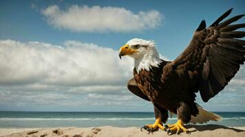 A beautiful summer day with blue sky and a lone Steller's sea eagle over the beach AI Generative photo