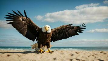 A beautiful summer day with blue sky and a lone Steller's sea eagle over the beach AI Generative photo