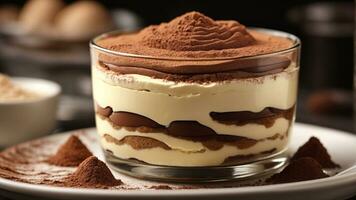 A close-up shot of a freshly prepared tiramisu, focusing on the layers of coffee-soaked ladyfingers AI Generative photo