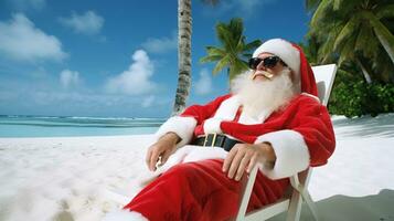 ai generativo Papa Noel en vacaciones relajante en un tropical playa foto