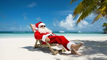 ai generativo Papa Noel en vacaciones relajante en un tropical playa foto