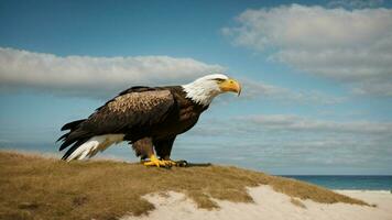 A beautiful summer day with blue sky and a lone Steller's sea eagle over the beach AI Generative photo