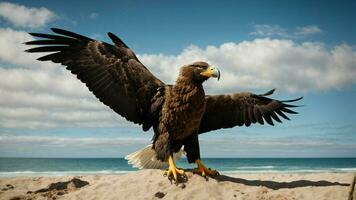 A beautiful summer day with blue sky and a lone Steller's sea eagle over the beach AI Generative photo