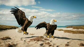 A beautiful summer day with blue sky and a lone Steller's sea eagle over the beach AI Generative photo