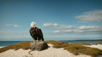 A beautiful summer day with blue sky and a lone Steller's sea eagle over the beach AI Generative photo