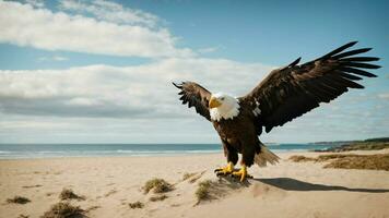 A beautiful summer day with blue sky and a lone Steller's sea eagle over the beach AI Generative photo