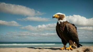 A beautiful summer day with blue sky and a lone Steller's sea eagle over the beach AI Generative photo