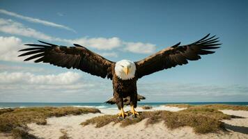 A beautiful summer day with blue sky and a lone Steller's sea eagle over the beach AI Generative photo