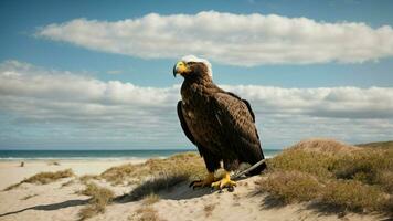 A beautiful summer day with blue sky and a lone Steller's sea eagle over the beach AI Generative photo