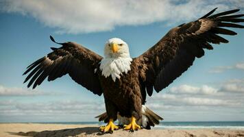 A beautiful summer day with blue sky and a lone Steller's sea eagle over the beach AI Generative photo