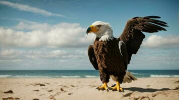 A beautiful summer day with blue sky and a lone Steller's sea eagle over the beach AI Generative photo