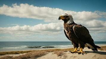 A beautiful summer day with blue sky and a lone Steller's sea eagle over the beach AI Generative photo