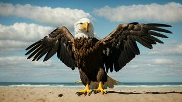 A beautiful summer day with blue sky and a lone Steller's sea eagle over the beach AI Generative photo