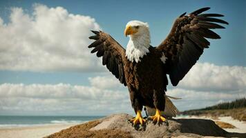 A beautiful summer day with blue sky and a lone Steller's sea eagle over the beach AI Generative photo