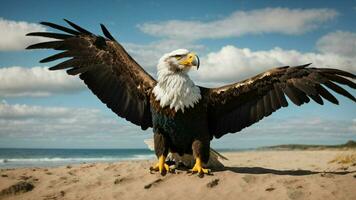 A beautiful summer day with blue sky and a lone Steller's sea eagle over the beach AI Generative photo