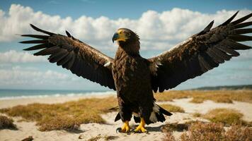 A beautiful summer day with blue sky and a lone Steller's sea eagle over the beach AI Generative photo