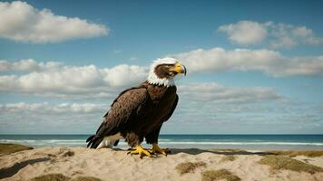 un hermosa verano día con azul cielo y un solitario de Steller mar águila terminado el playa ai generativo foto