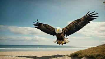 A beautiful summer day with blue sky and a lone Steller's sea eagle over the beach AI Generative photo