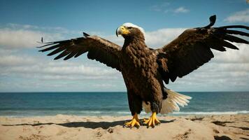 A beautiful summer day with blue sky and a lone Steller's sea eagle over the beach AI Generative photo