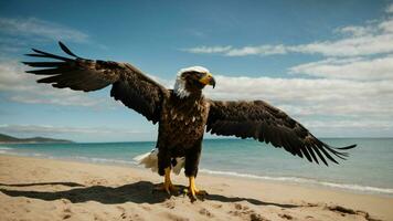 un hermosa verano día con azul cielo y un solitario de Steller mar águila terminado el playa ai generativo foto