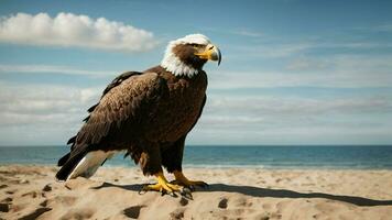 A beautiful summer day with blue sky and a lone Steller's sea eagle over the beach AI Generative photo