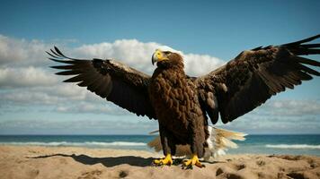 A beautiful summer day with blue sky and a lone Steller's sea eagle over the beach AI Generative photo