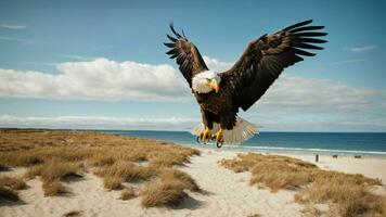 un hermosa verano día con azul cielo y un solitario de Steller mar águila terminado el playa ai generativo foto