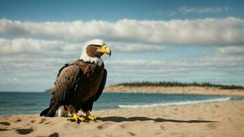 A beautiful summer day with blue sky and a lone Steller's sea eagle over the beach AI Generative photo