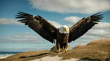 A beautiful summer day with blue sky and a lone Steller's sea eagle over the beach AI Generative photo