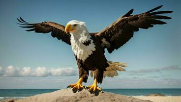 A beautiful summer day with blue sky and a lone Steller's sea eagle over the beach AI Generative photo