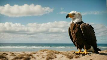 A beautiful summer day with blue sky and a lone Steller's sea eagle over the beach AI Generative photo