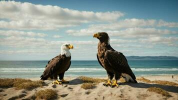 A beautiful summer day with blue sky and a lone Steller's sea eagle over the beach AI Generative photo