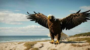 A beautiful summer day with blue sky and a lone Steller's sea eagle over the beach AI Generative photo