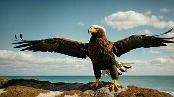 un hermosa verano día con azul cielo y un solitario de Steller mar águila terminado el playa ai generativo foto