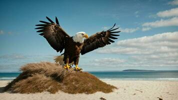 A beautiful summer day with blue sky and a lone Steller's sea eagle over the beach AI Generative photo