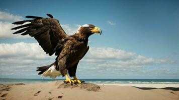 A beautiful summer day with blue sky and a lone Steller's sea eagle over the beach AI Generative photo