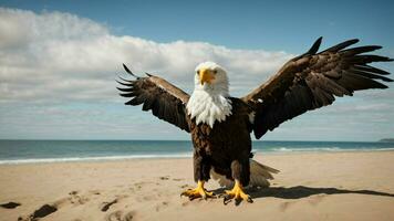 A beautiful summer day with blue sky and a lone Steller's sea eagle over the beach AI Generative photo