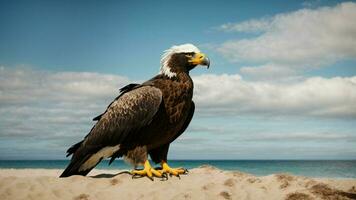 un hermosa verano día con azul cielo y un solitario de Steller mar águila terminado el playa ai generativo foto