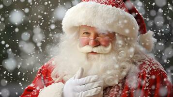 ai generativo cerca arriba retrato de Papa Noel cláusula con blanco barba y nieve que cae foto