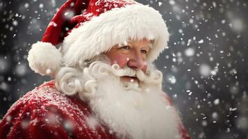 ai generativo cerca arriba retrato de Papa Noel cláusula con blanco barba y nieve que cae foto