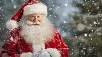 ai generativo cerca arriba retrato de Papa Noel cláusula con blanco barba y nieve que cae foto