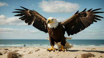 A beautiful summer day with blue sky and a lone Steller's sea eagle over the beach AI Generative photo