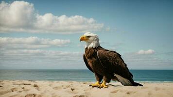 un hermosa verano día con azul cielo y un solitario de Steller mar águila terminado el playa ai generativo foto