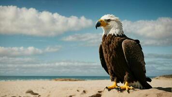 A beautiful summer day with blue sky and a lone Steller's sea eagle over the beach AI Generative photo