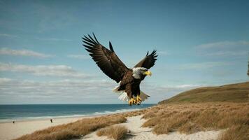 A beautiful summer day with blue sky and a lone Steller's sea eagle over the beach AI Generative photo