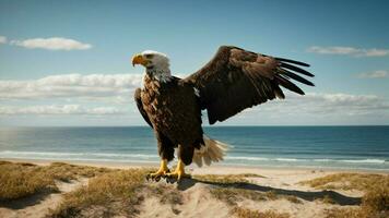 A beautiful summer day with blue sky and a lone Steller's sea eagle over the beach AI Generative photo