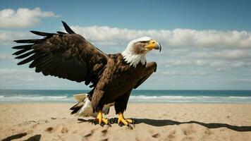 A beautiful summer day with blue sky and a lone Steller's sea eagle over the beach AI Generative photo